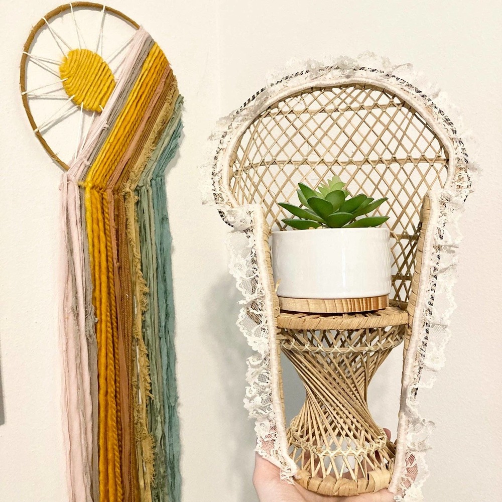 Wicker Peacock Fan Back Rattan Chair Plant Stand
